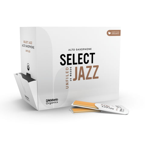 D'Addario Organic Select Jazz Unfiled Alto Saxophone Reeds, Size 2 Hard, 25-Pack