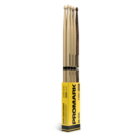 ProMark Rebound 5A Hickory Drumsticks, Acorn Wood Tip, FireGrain Bonus 4-Pack