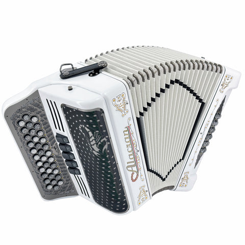 Alacran Accordion 34 Button 12 Bass 5 Switches FBE White Satin