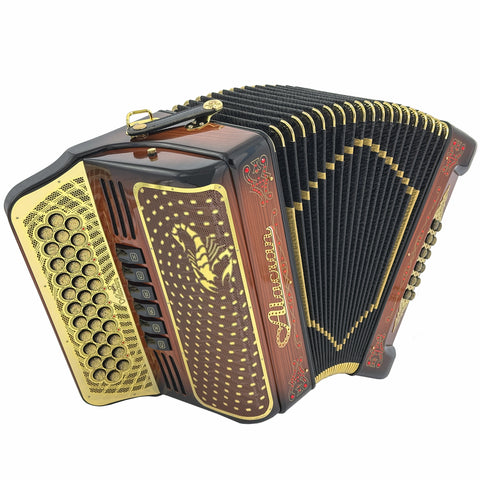 Alacran Accordion 34 Button 12 Bass Two Tone FBE/EAD Brown Wood Stain