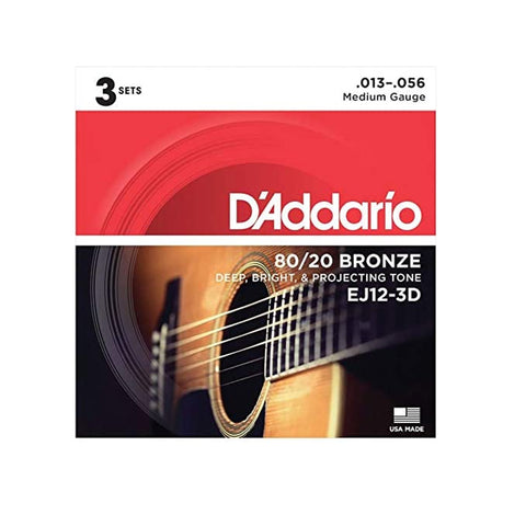 D'Addario EJ12-3D 80/12 Bronze Acoustic Guitar Strings, Medium, 13-56, 3 Sets